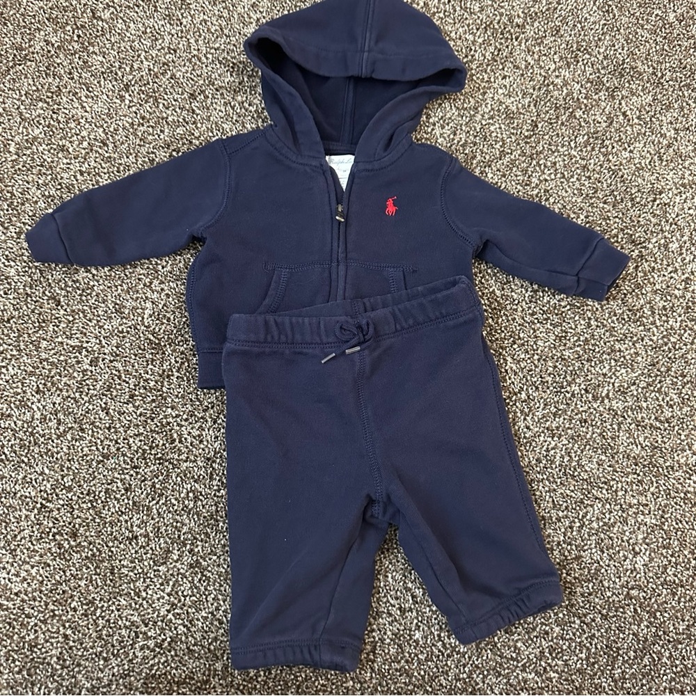 💟 BOGO! Ralph Lauren Navy Blue Baby Sweatsuit Hoodie & Pants 3 Mo